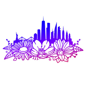 New York City Flowers with Vintage Skyline Design. Floral frame ornament vector style. Decoration Design Silhouette illustration.