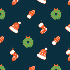 Christmas and New Year vector seamless pattern with cozy mittens, socks and wreathes
