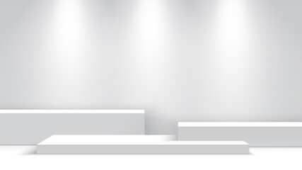 White blank podium with spotlights. Exhibition stand. Pedestal. Scene. Vector illustration.