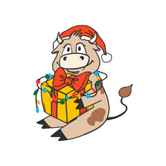 Christmas bull sits with a gift and a garland. The cow is the mascot of 2021. Doodle style. Funny character. New Year vector drawing on a white background. For postcards, calendar, invitations