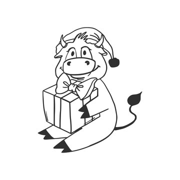 Christmas bull sits with a gift. The cow is the mascot of 2021. Doodle style. Funny character. New Year vector drawing on a white background. For postcards, calendar, invitations