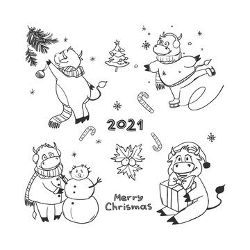 Set of 4 funny Christmas bulls in cartoon style. The cow is skating, making a snowman, giving gifts, decorating the Christmas tree. Doodle style. New Year vector drawing on a white background. 