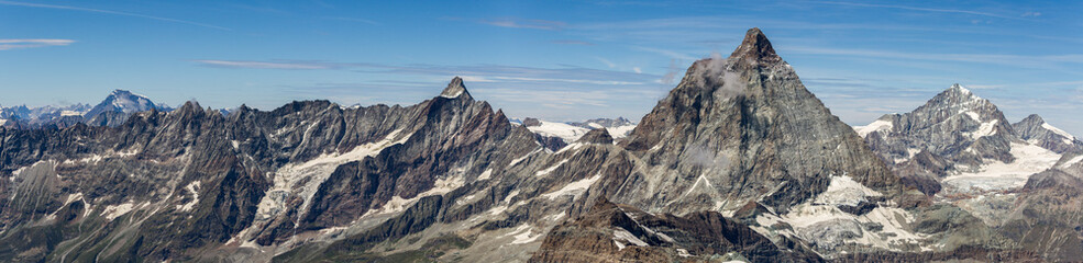 Panorama of mountains at Matterhorn glacier paradise (Klein Matterhorn), swiss alps, Switzerland, with Matterhorn and glaciers