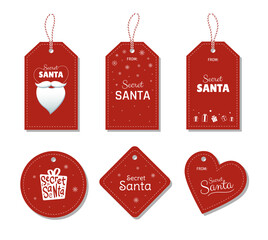 Set of red Christmas tags for Secret Santa gift exchange. Greeting card collection with gift, Santa's beard and snowflakes. - Vector illustration