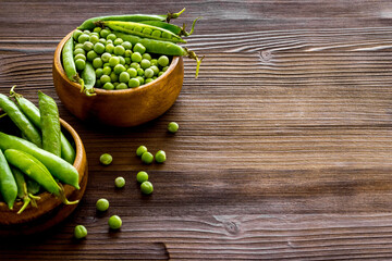 Sweet green peas in bowl on kitchen table desk