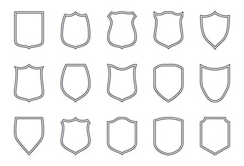 Shield outline labels. Police simple emblem, shields badge icon set, symbol of safety, power and protection, military or heraldic sign shape template flat vector collection isolated