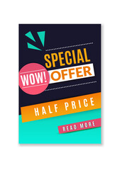 Special offer discount poster. Promotional fashion premium product flyer, abstract concept graphic half price web banner, marketing brochure or coupon vector geometric template