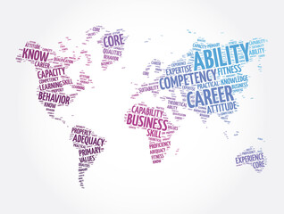 Ability word cloud in shape of world map, concept background