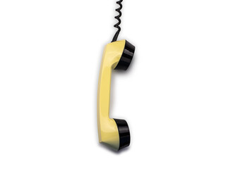 Yellow vintage phone receiver on white background.