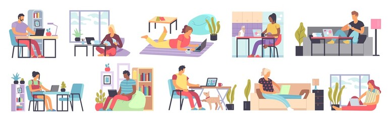 Men and women working home. Distance work in home office people sitting on sofa or armchair with laptop or computer in living room interior freelance concept flat cartoon vector set