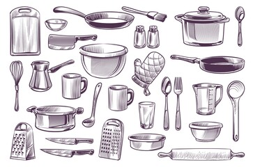 Sketch cooking equipment. Hand drawn doodle kitchen utensils set cooking pot and knife, spoon and cup, cutting board engraving style gastronomy culinary vector isolated collection