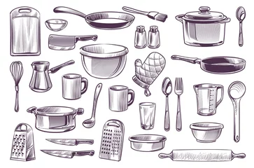 Fototapete Küche Skizzieren Sie Kochgeräte. Handgezeichnete Doodle Küchenutensilien Set Kochtopf und Messer, Löffel und Tasse, Schneidebrett Gravur Stil Gastronomie kulinarische Vektor isolierte Sammlung
