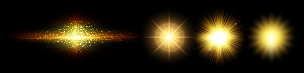 Golden line and sunburst with light effects. Isolated on black background. Bursting rays sunrise firework starburst blast burst sunset starlight ray radiant spark.  Vector yellow shimmer ray. - obrazy, fototapety, plakaty