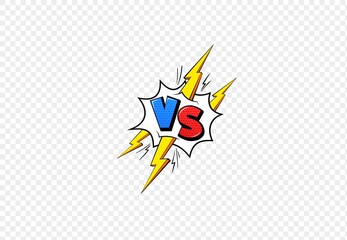 Vs comic book frame. Versus blue and red emblem and yellow lightning letters for battle game duel or fight competition cartoon style, flat vector illustration on transparent background