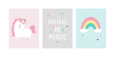 Cute posters with a little unicorn, rainbow and slogan vector prints for baby room, baby shower, greeting card, kids and baby t-shirts, and wear. Hand drawn nursery © miniwhale