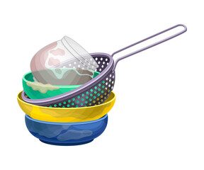 Stack of Dirty Dishes and Utensils with Bowls and Colander Vector Illustration