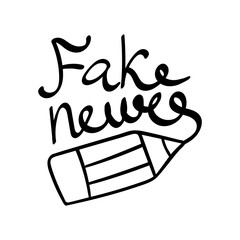 Fake news lettering with pencil. Hand drawn objects isolated on white background. Vector illustration.