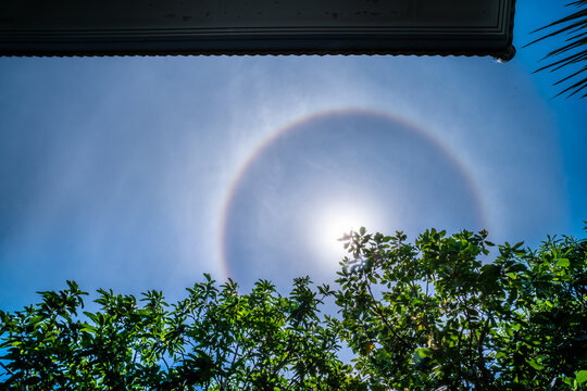 Sun with a circular rainbow,Fantastic beautiful sun halo phenomenon at my home in Thailand