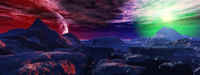 Fototapeta na wymiar Panorama of alien planet at sunset, alien landscape, fantastic surface of the planet, 3D rendering