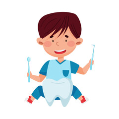 Happy Boy Character in Medical Wear Playing Doctor and Nurse Vector Illustration