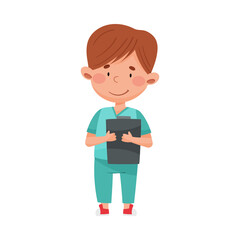 Smiling Boy in Medical Wear Standing and Holding Clip Board Vector Illustration