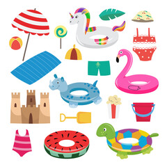 Set of beach accessories for summer fun of kids-vector isolated flat illustrations
