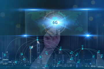 Graphic show hand point to start 6G network hi technology signal diagram with building business city background show skyline communication network concept