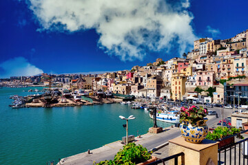Panorama on the town and port of Sciacca Sicily Italy - obrazy, fototapety, plakaty