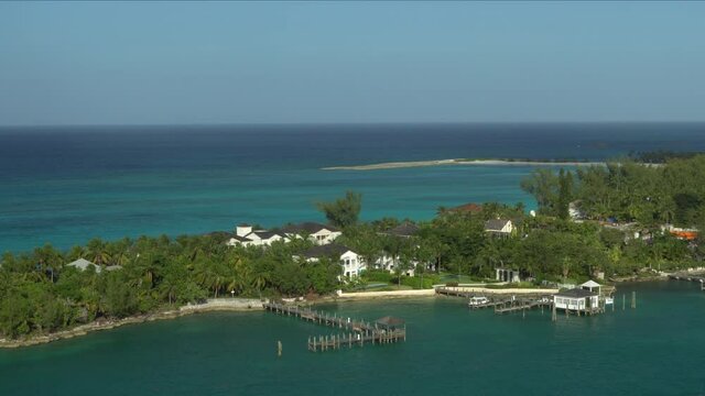 Aerial locked down view of a beautiful paradise island in the Bahamas