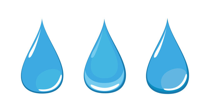 Vector isolated water drops. Three blue drops in flat style.