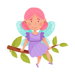 Smiling Fairy or Pixie with Wings Sitting on Tree Branch Vector Illustration