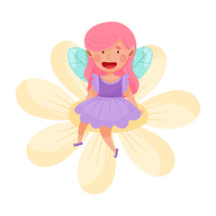Smiling Fairy or Pixie with Wings Sitting on Flower Vector Illustration
