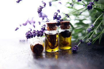 lavender oil in a glass bottle on a background of fresh flowers.