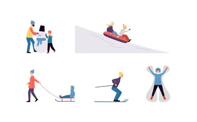 A set of flat vector isolated illustrations of outdoor activity in the winter season