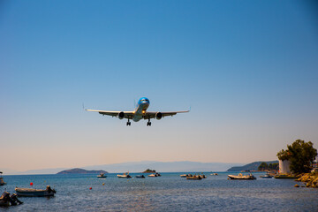Fototapeta na wymiar 9/1/2020 Greece, Skiathos town, Skiathos island airport. Difficult plane landing
