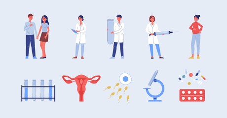 Set of medical symbols on topic of fertility, flat vector illustration isolated.