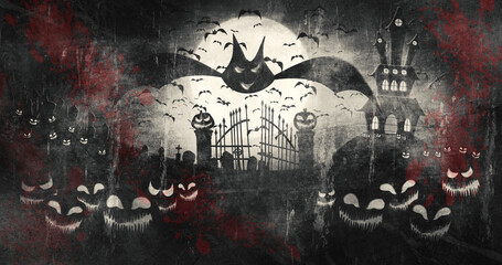 Fototapeta na wymiar Halloween Pumpkins at Cemetery with Bats Flying against Full moon Sky and Haunted Mansion 3D illustration