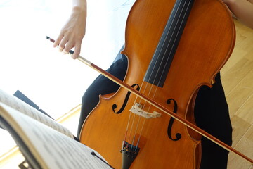 チェロを弾く女性　穏やかな光が射す部屋で　young woman playing the cello