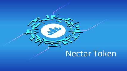 Nectar Token NEC isometric token symbol of the DeFi project in digital circle on blue background. Cryptocurrency icon. Decentralized finance programs. Vector EPS10.