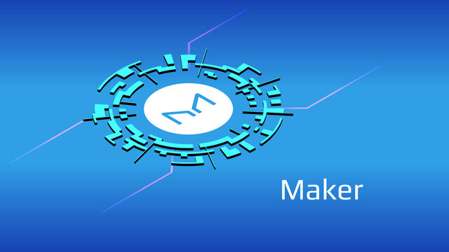 Maker MKR isometric token symbol of the DeFi project in digital circle on blue background. Cryptocurrency icon. Decentralized finance programs. Vector EPS10.