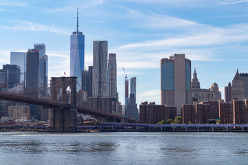 Beautiful Lower Manhattan Skyline and the Brooklyn Bridge along the East River in New York City