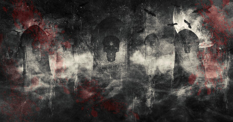 Happy Halloween. Cemetery with Tombstones and Skulls 3D illustration