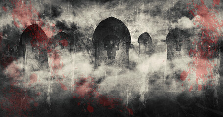 Happy Halloween. Cemetery with Tombstones and Skulls 3D illustration
