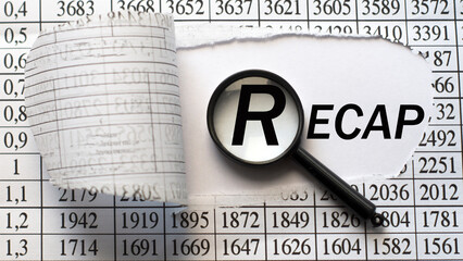 RECAP - word behind torn paper with numbers on a white background with a magnifying glass