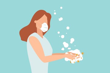 Washing hands to sanitize and disinfect COVID-19 Coronavirus pathogens from your hands concept, woman washing hands with alcohol gel or soap with bubbles and COVID-19 virus pathogen on her hands.