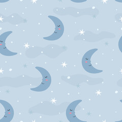 Seamless vector pattern Night sky background with crescent moon and stars used for printing, wallpaper, clothing, textiles