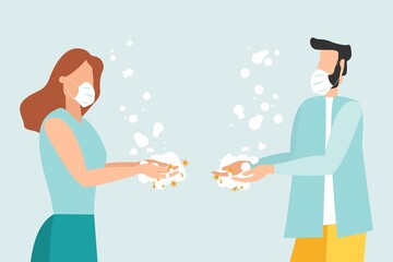 Washing hands to sanitize and disinfect COVID-19 Coronavirus pathogens from your hands concept, woman and man washing hands with alcohol gel or soap with bubbles and 