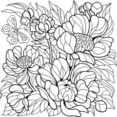 Obraz premium Coloring pages with flowers. Peonies and butterfly