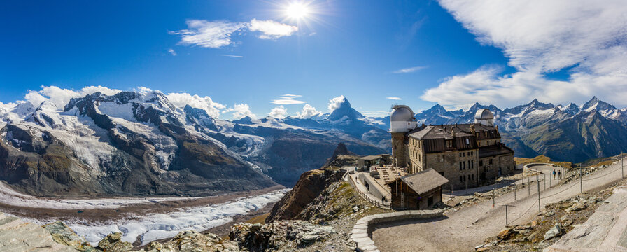 Panorama of mountains at Gornergrat, swiss alps, Switzerland, with Matterhorn and glacier