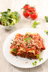 lasagna with minced beef, tomato sauce and cheese